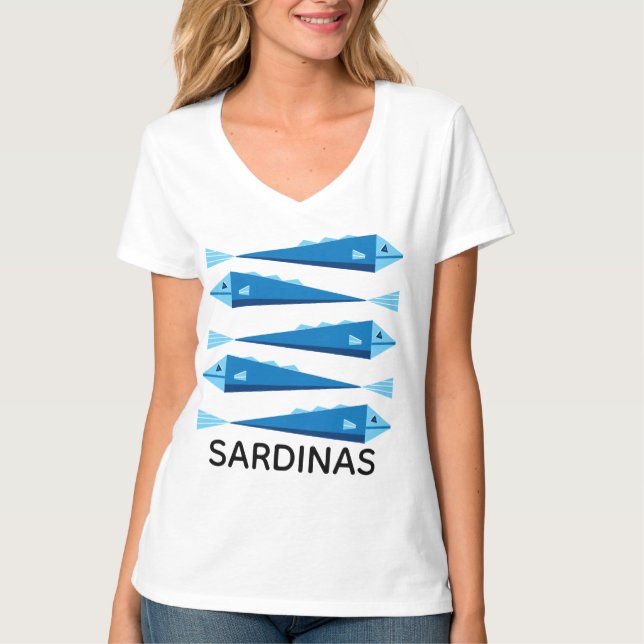 Blå fisk sardiner vit topp t shirt (Framsida)