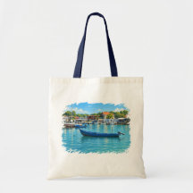 Blå fiskebåt Kusthamn Totebag