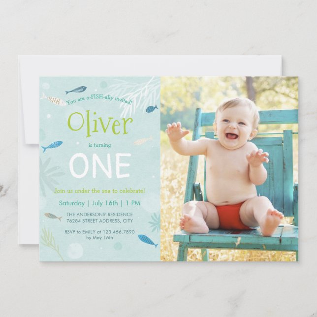 Blå fiskfoto Barns födelsedag Party Inbjudningar (Framsida)