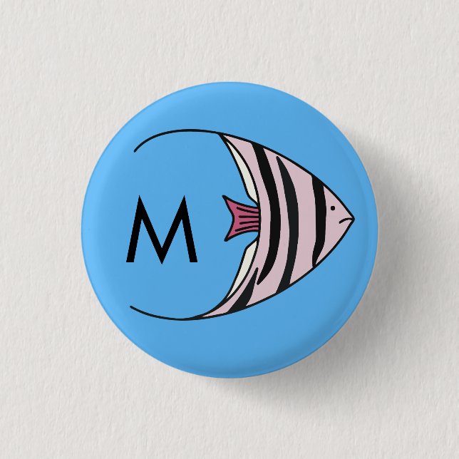 Blå fiskmönster monogram knapp (Framsida)