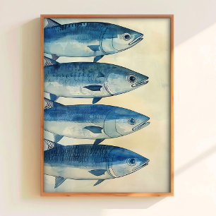 Blå Fisktryck Sardiner Konsttryck Kök Vägg Konst Poster