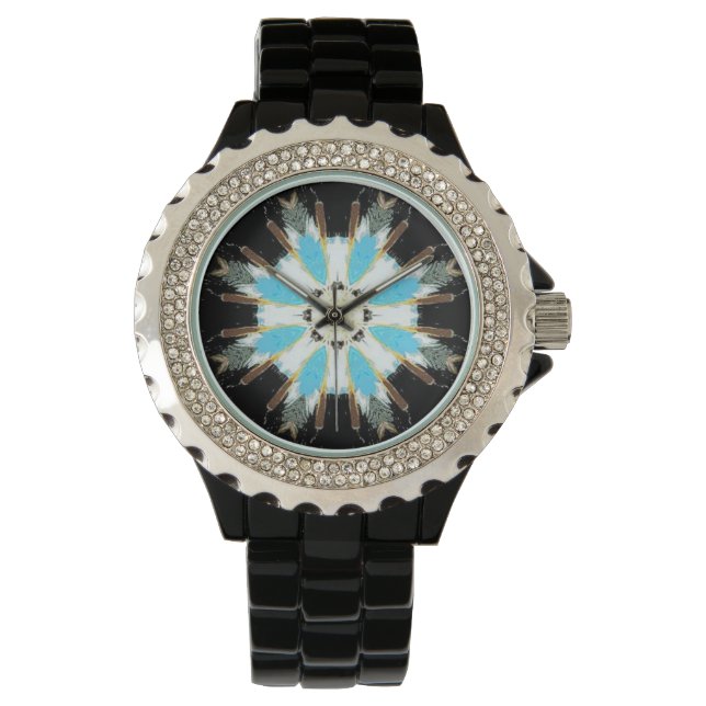 blå fjäderstjärna på svart armbandsur (Framsida)