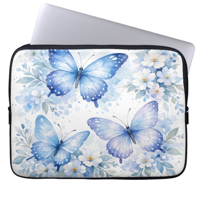 Blå Fjäril Blommig Komposition Laptop Fodral (Framsidan)