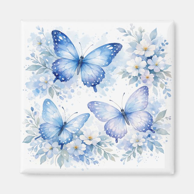 Blå Fjäril Blommig Komposition Magnet (Framsidan)