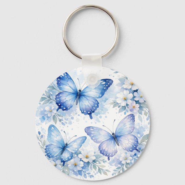 Blå Fjäril Blommig Komposition Nyckelring (Framsida)