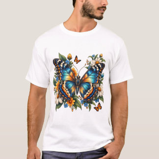 Blå Fjäril Blommig T-Shirt