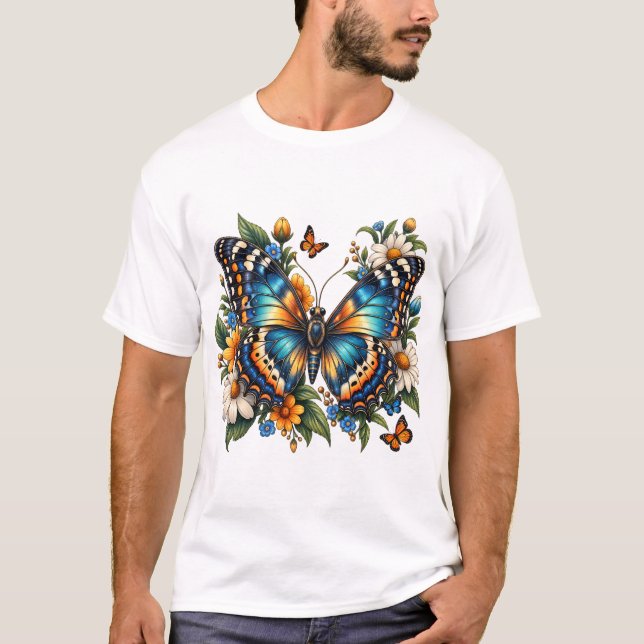 Blå Fjäril Blommig T-Shirt (Framsida)