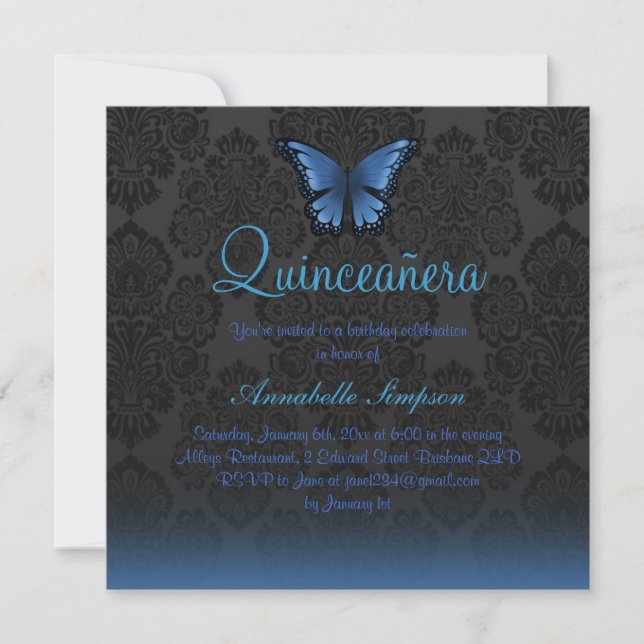 Blå Fjäril & Damask Quinceanera Inbjudan (Framsida)