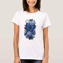 Blå Fjäril Hydrangea Blommig Dam T-Shirt