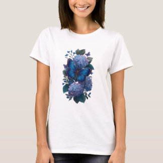 Blå Fjäril Hydrangea Blommig Dam T-Shirt
