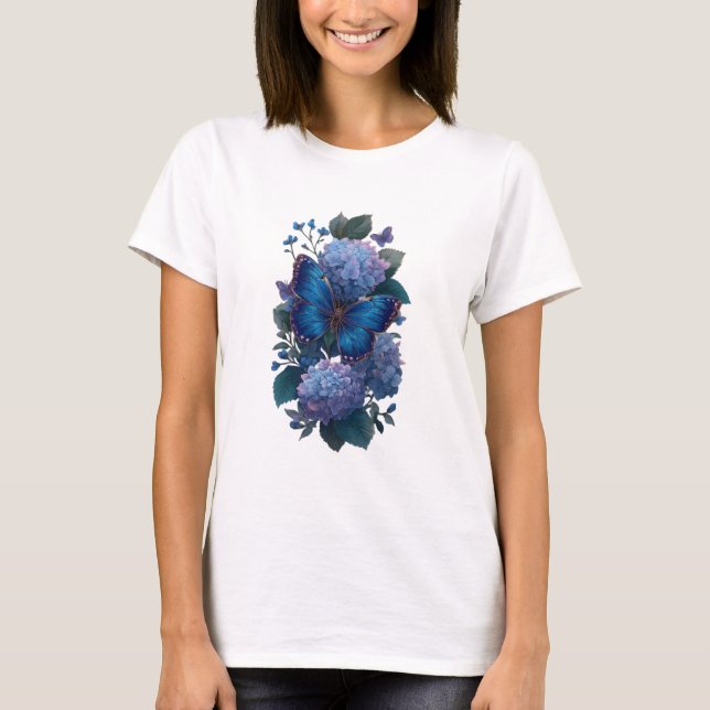 Blå Fjäril Hydrangea Blommig Dam T-Shirt (Framsida)