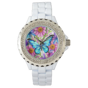 Blå fjäril i Fält i blommor Armbandsur