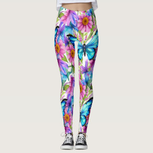 Blå fjäril i Fält i blommor Leggings