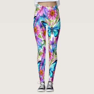 Blå fjäril i Fält i blommor Leggings