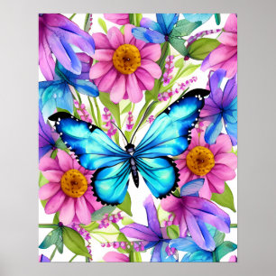 Blå fjäril i Fält i blommor Poster