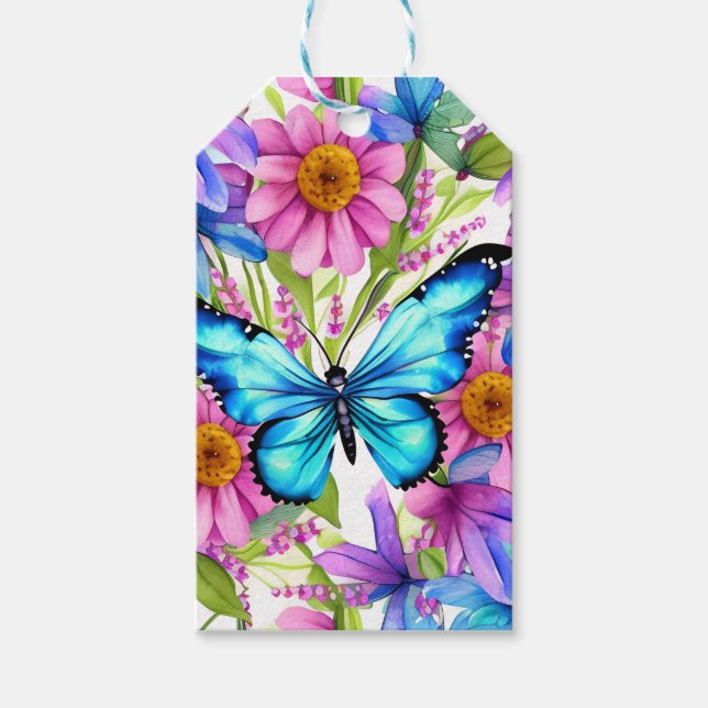 Blå fjäril i Fält i blommor Presentetikett (Framsidan)