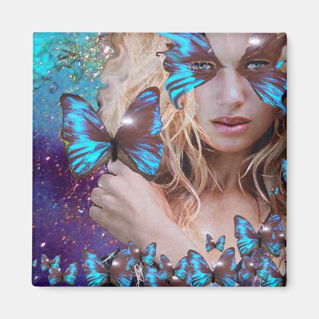 BLÅ Fjäril i TEAL GRÖNT GULD GLITTER Magnet (Framsidan)