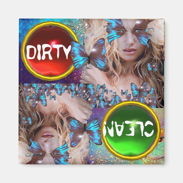 BLÅ Fjäril med gröna guldgnistor Magnet (Framsidan)