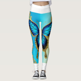 blå fjäril, metalik, leggings