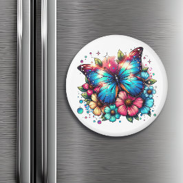 Blå fjäril och blommor magnet