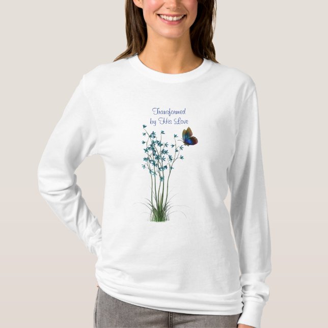 Blå fjäril och blommor med citat t shirt (Framsida)