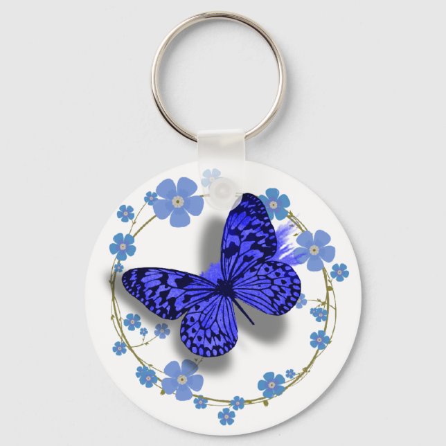 Blå fjäril och blommor Söt Nyckel/säckkedja Nyckelring (Framsida)