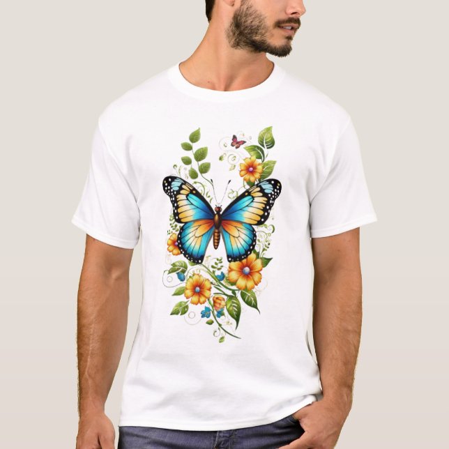 Blå fjäril och Gult-blommor-45871 T Shirt (Framsida)