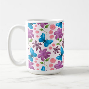 Blå fjäril och lila blommönster kaffemugg