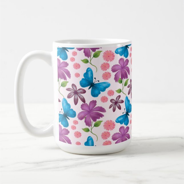 Blå fjäril och lila blommönster kaffemugg (Vänster)
