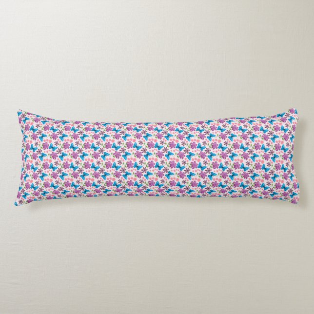 Blå fjäril och lila blommönster kroppskudde (Framsidan)