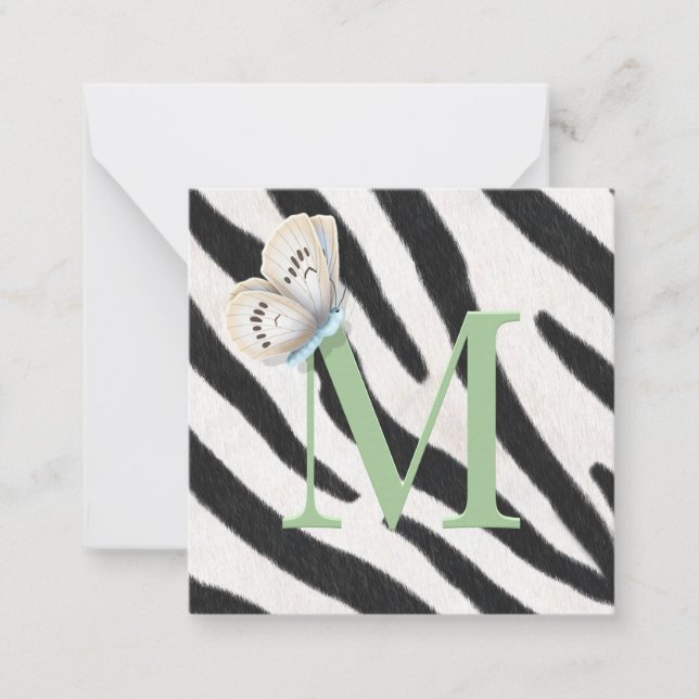 Blå fjäril och Zebra Päls Grönt Monogram Anpassnin Anteckningskort (Framsida)