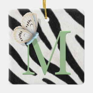 Blå fjäril och Zebra Päls Grönt Monogram Anpassnin Julgransprydnad Keramik