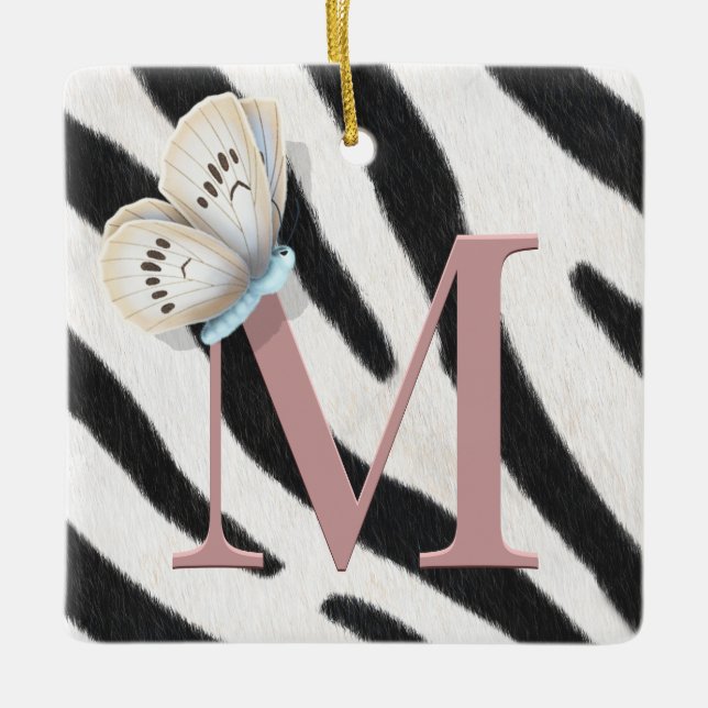 Blå fjäril och Zebra Päls Ro Monogram Anpassningsb Julgransprydnad Keramik (Framsida)