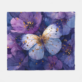 Blå fjäril på lila blommor fleecefilt