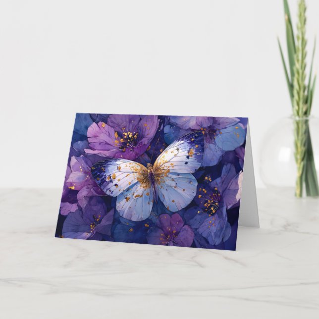 Blå fjäril på lila blommor kort (Framsida)