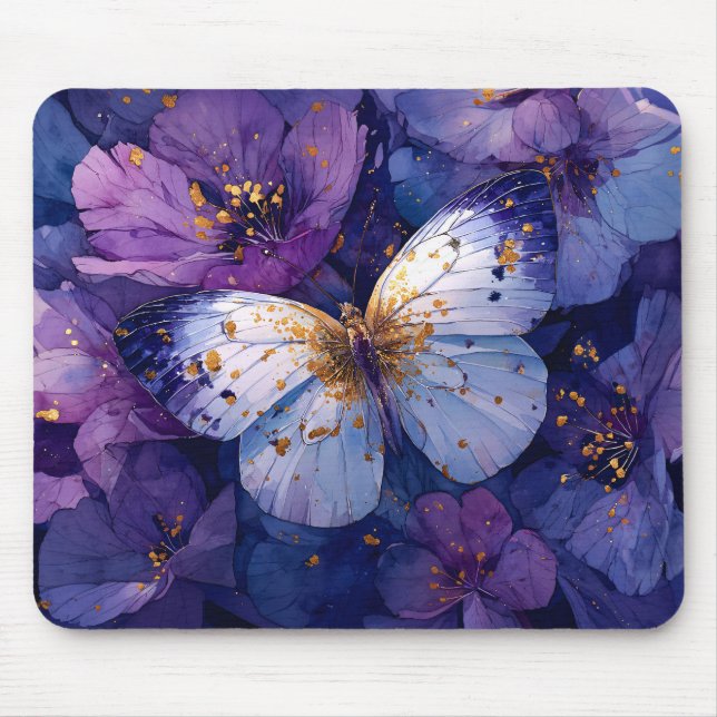 Blå fjäril på lila blommor musmatta (Framsidan)