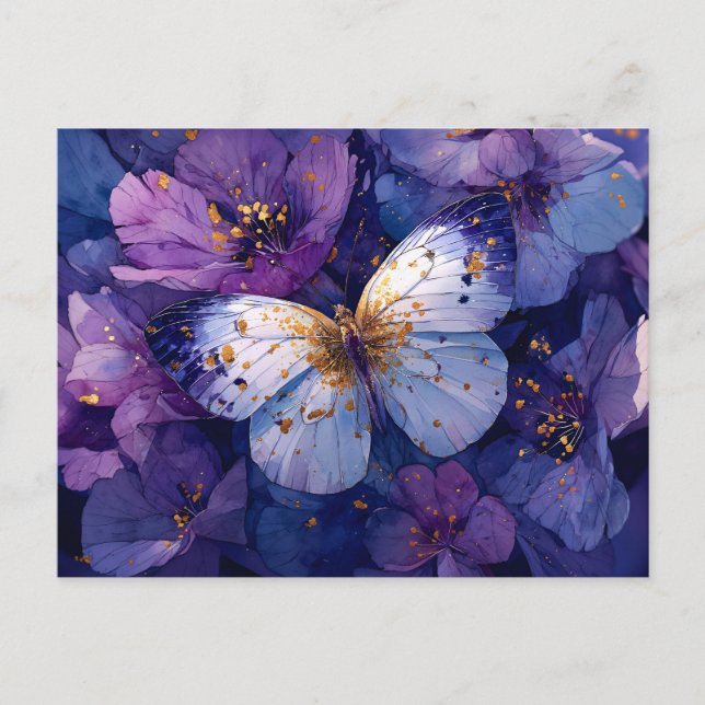 Blå fjäril på lila blommor vykort (Framsida)