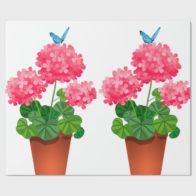Blå fjäril på Rosa Blommor, Pappra Presentpapper (Platt)