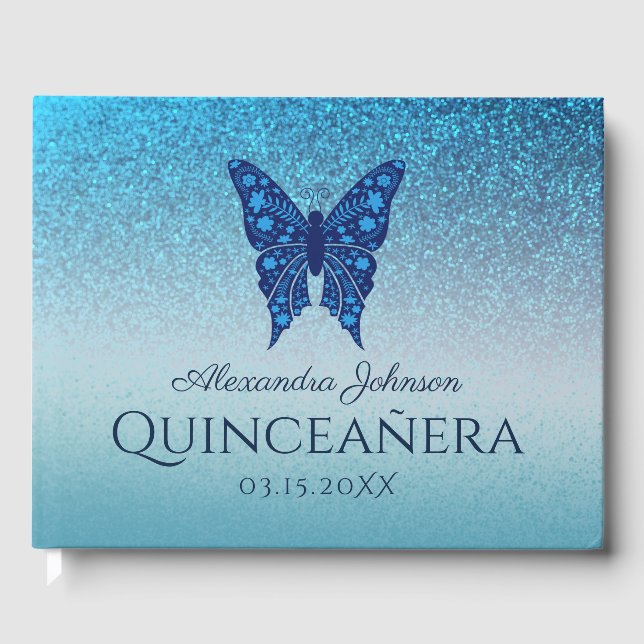 Blå Fjäril Quinceañera Gästböcker (Framsida)