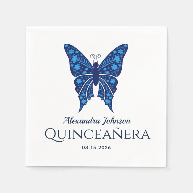 Blå Fjäril Quinceañera Pappersservett (Framsidan)