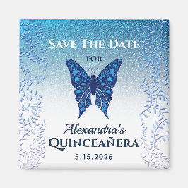 Blå Fjäril Quinceañera Spara Datumet Magnet