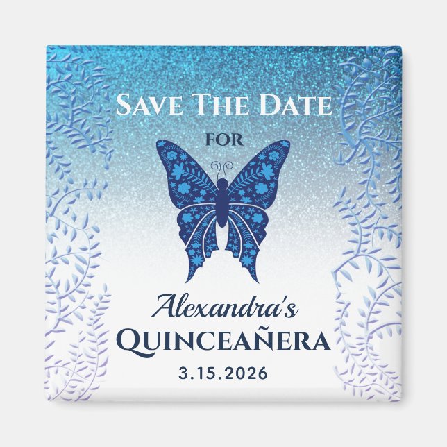 Blå Fjäril Quinceañera Spara Datumet Magnet (Framsidan)