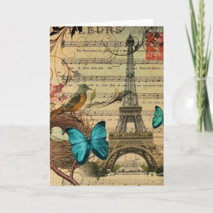 Blå fjäril Robin-fågelnest Paris Eiffel Torn Kort
