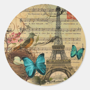 Blå fjäril Robin-fågelnest Paris Eiffel Torn Runt Klistermärke