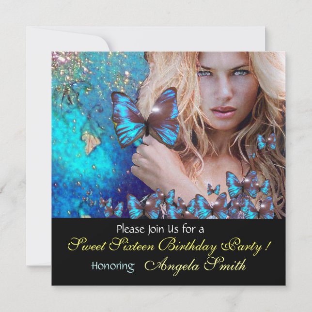 BLÅ FJÄRIL SÖT 16 FEST  MONOGRAM, GULD INBJUDNINGAR (Framsida)