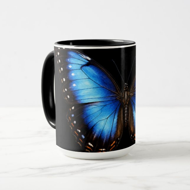 Blå Fjäril Svart Kaffemugg (Framsida vänster)