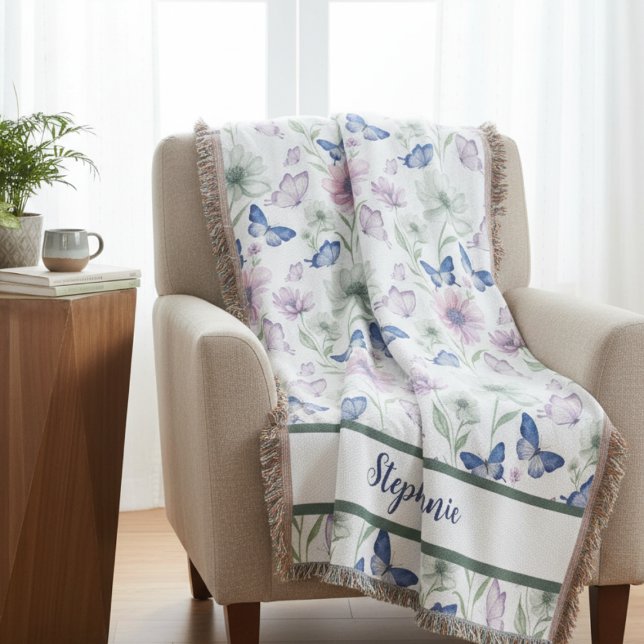 Blå Fjäril Vattenfärg Äng Filt (Personalize butterfly floral throw blanket)
