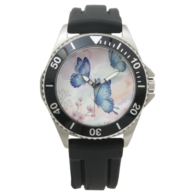 Blå Fjäril Vattenfärg Armbandsur Elegant Design (Framsida)