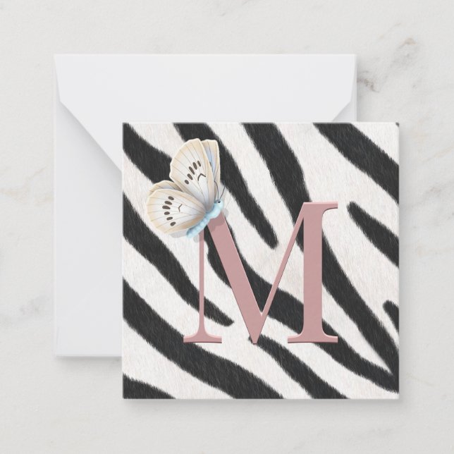 Blå Fjäril & Zebrastreckig Ros Monogram Anpassad Anteckningskort (Framsida)