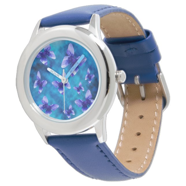 Blå fjärilar från sommaren, Kids Leather Armbandsur (Vinklad)